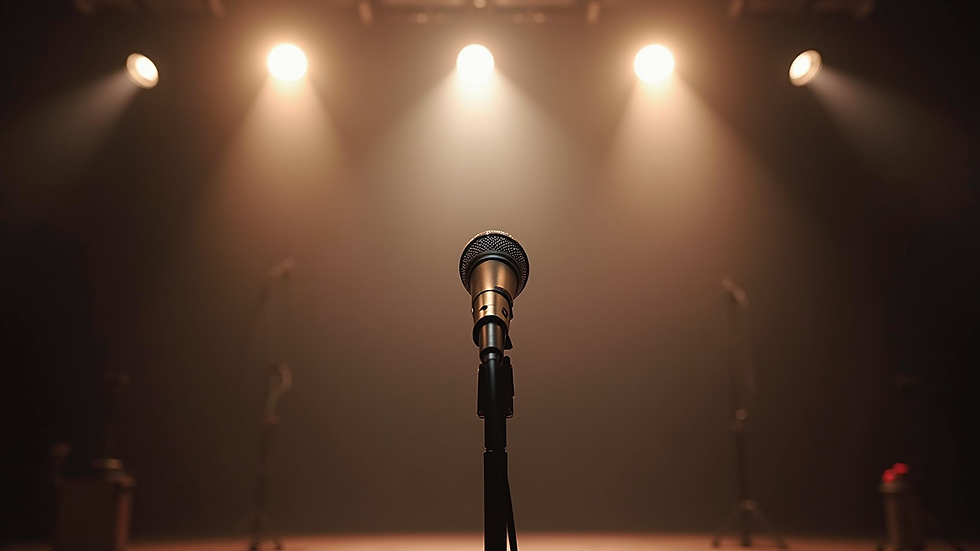 Eye-level view of a microphone on a stage with soft lighting