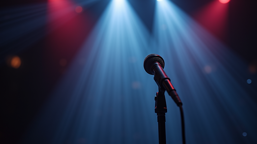 Eye-level view of a microphone on a stage with soft lighting