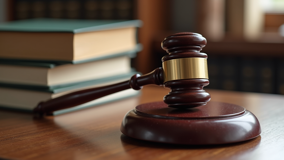 Close-up view of legal books and a gavel on a wooden desk