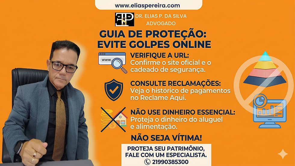 Infográfico profissional com fundo laranja. À esquerda, o advogado Dr. Elias P. da Silva, de terno cinza, aponta para três seções de dicas de segurança. No topo, o site 'www.eliaspereira.com' e seu logo.