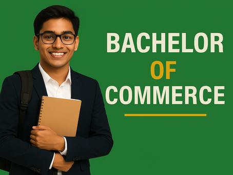 Smiling person in a suit with a backpack and notebook, stands against a green background. Text reads "Bachelor of Commerce" in bold.