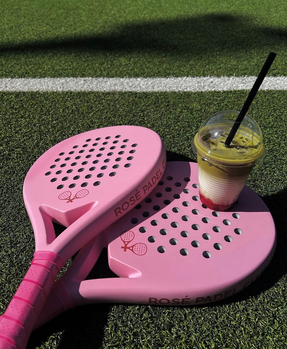 ORA Retreat Padel Court Lifestyle – Pink Rackets with Iced Matcha