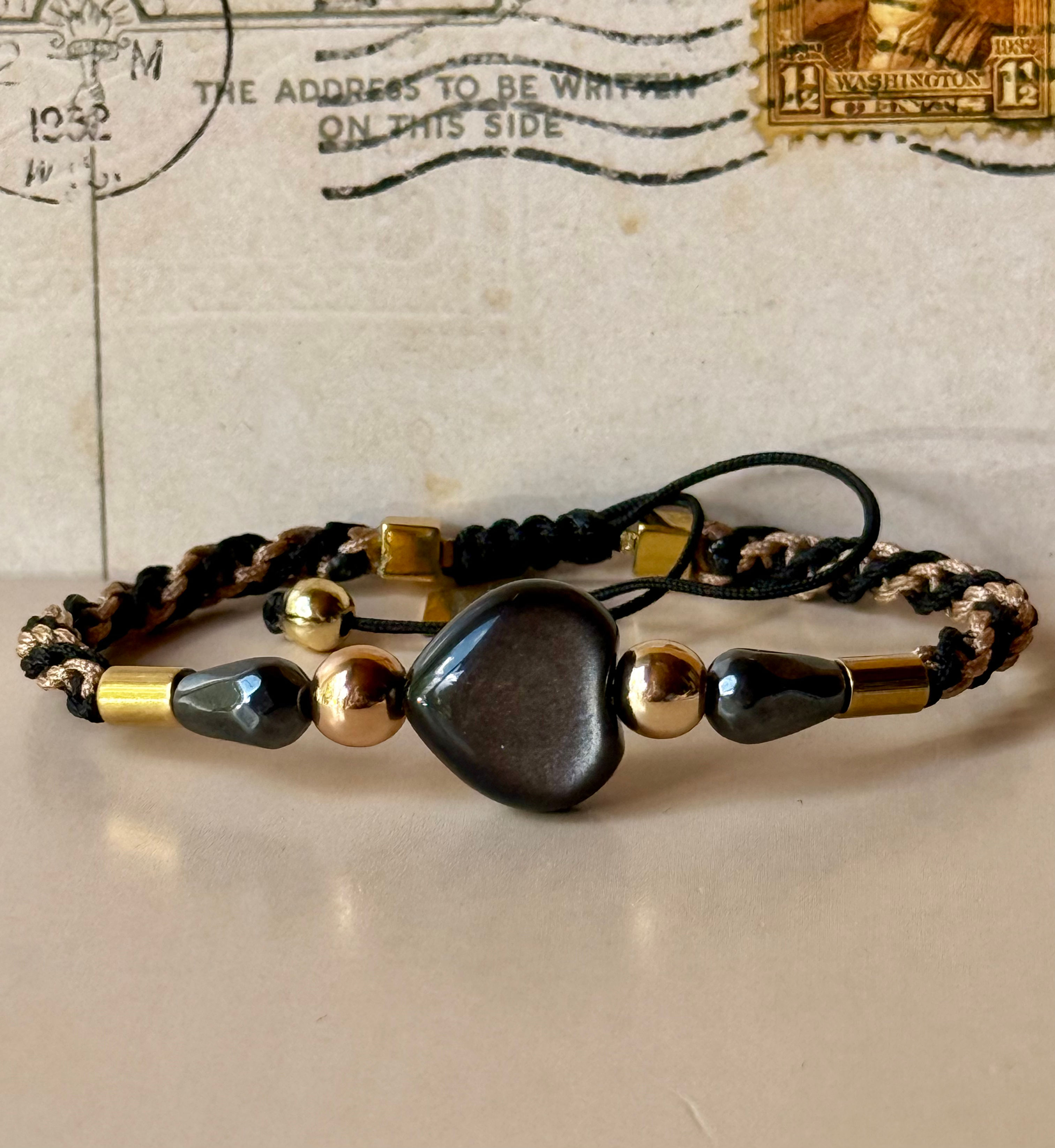 Bracelet coeur obsidienne argentée et hematite 