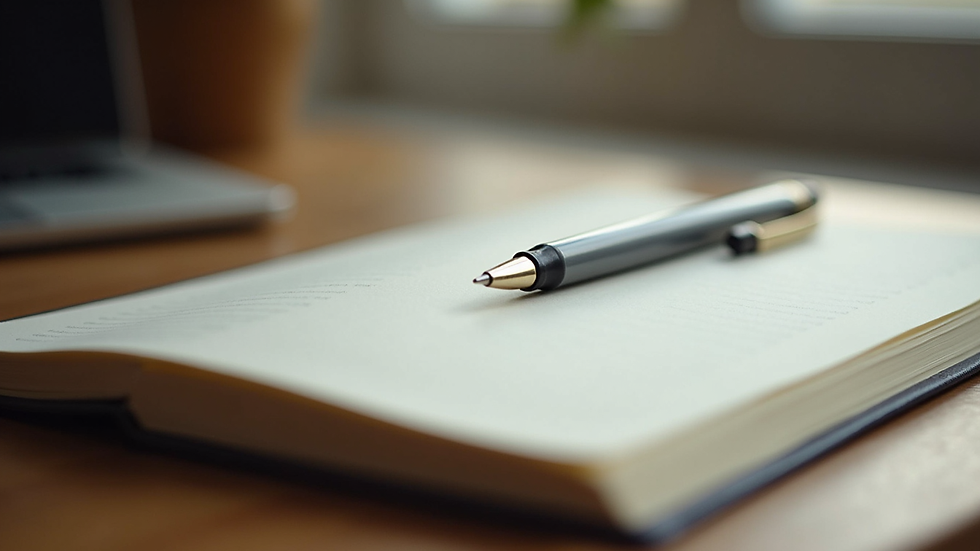 Close-up view of a journal and pen on a wooden desk