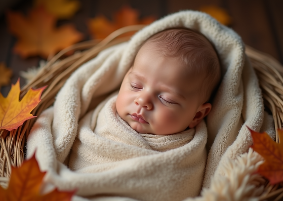 A-cozy-thanksgiving-scene-featuring-a-sleeping-baby-nestled-in-soft-blankets-with-autumn-l
