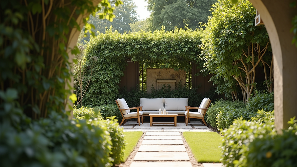 Eye-level view of a serene garden with a comfortable seating area