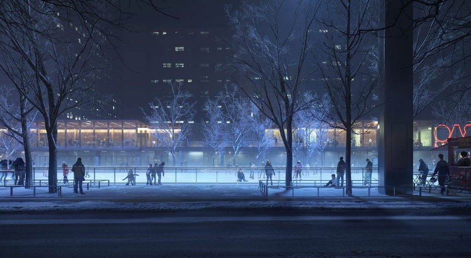 La patinoire de l'Esplanade Tranquille dans le Quartier des spectacles vue de nuit