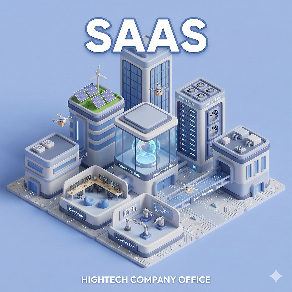 חברת טכנולוגיה מתקדמת - אוסף בניינים חדשניים הכוללים חוות שרתים, אזור פיתוח, מעבדה רובוטית ומרכז חדשנות, עם דגש על פתרונות SaaS מתקדמים.