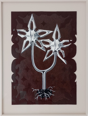 textured painting of metallic chrome flowers on brown background with felted edge, framed in a warm grey frame