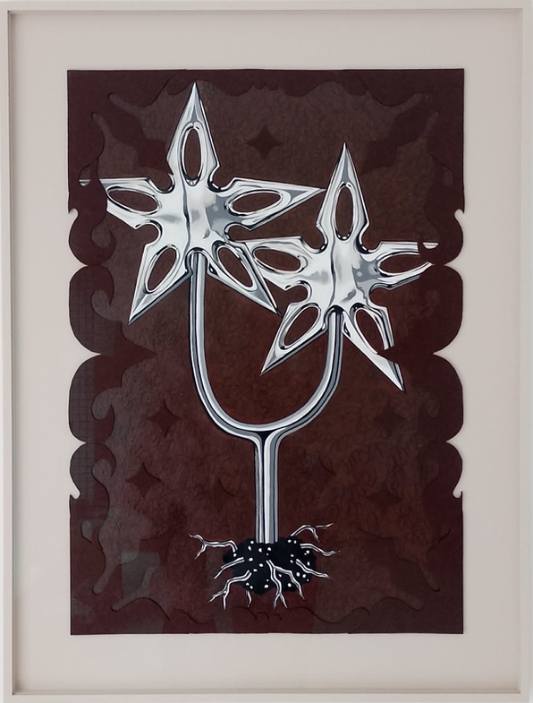 textured painting of metallic chrome flowers on brown background with felted edge, framed in a warm grey frame
