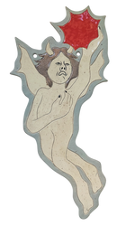 Wallhanging in stoneware with a devil reaching for a star