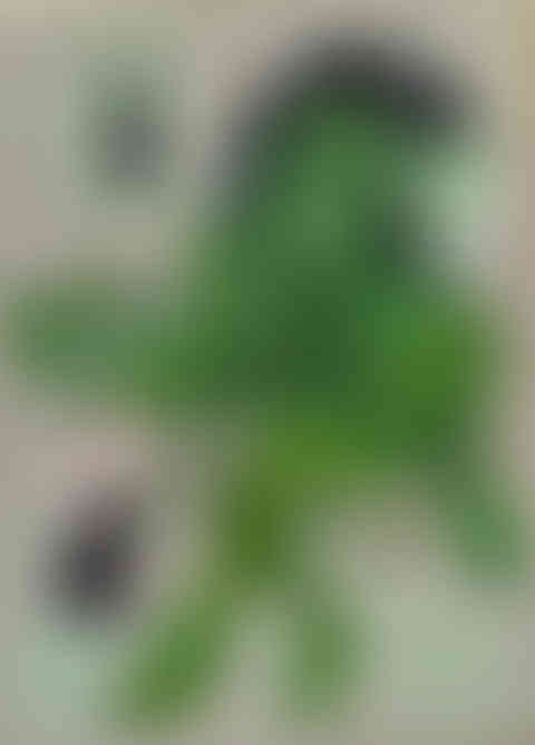 Painting of a green demonic figure holding up keys for the viewer to choose from