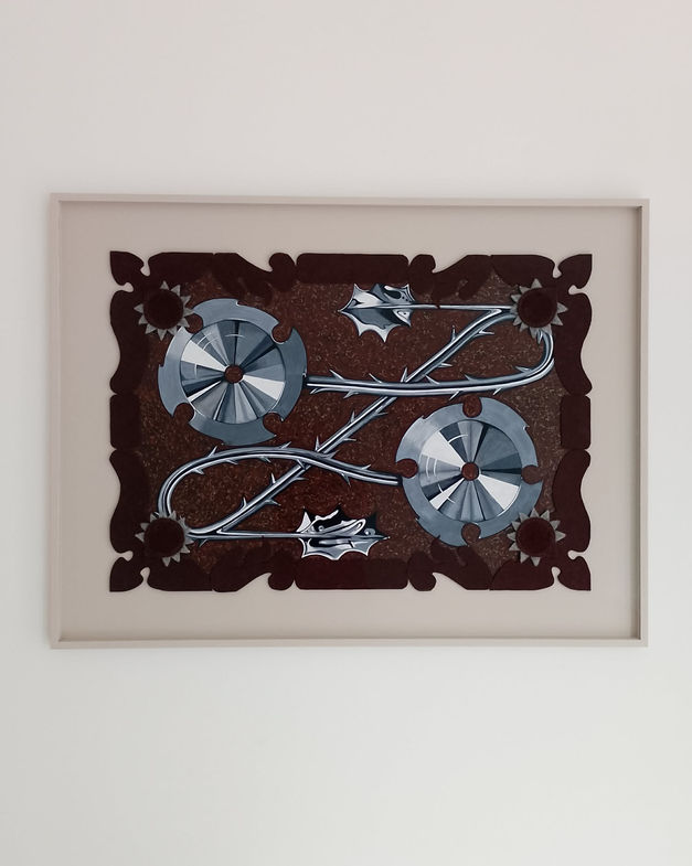 large painting of doubleheaded metallic chrome flowers on brown background with felted edge, framed in a warm grey frame