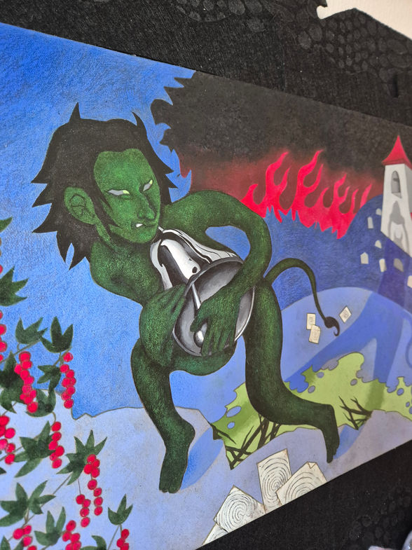 closeup of troll painting with a green troll stealing a churchbell with pink flames in the background and pink berries