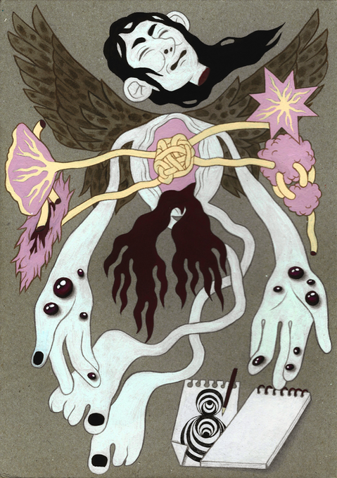 painting of a fallen angel with its guts dissected and blood on its hands
