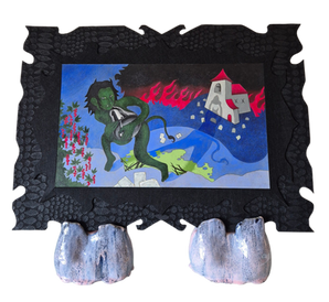 Painting of a troll stealing a churchbell, in a black frame made out of felt and with ceramic stoneware holders