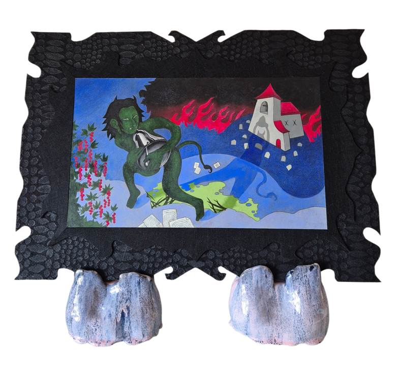 Painting of a troll stealing a churchbell, in a black frame made out of black felt and with ceramic stoneware holders