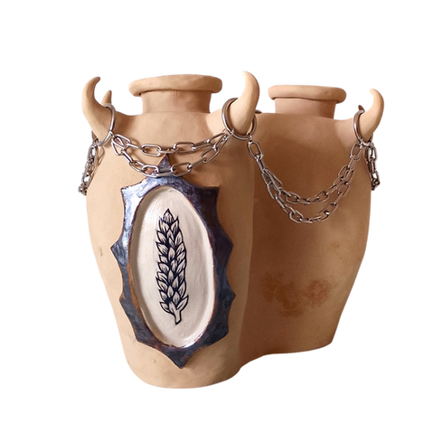 Stoneware vase handmade in yellow clay with a frame displaying a drawing of wheat and metal chains hanging from horns on top