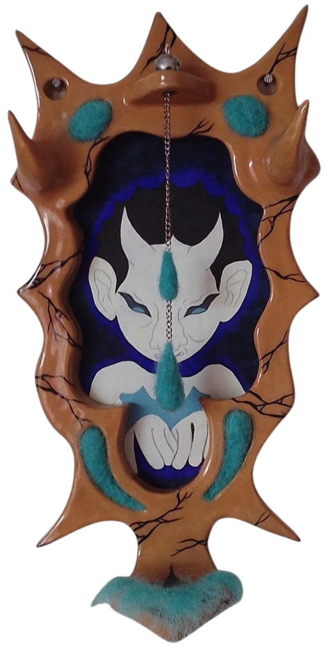warmtoned stoneware frame with painted on cracks. In the frame is a painting of a demon catching water in their hands