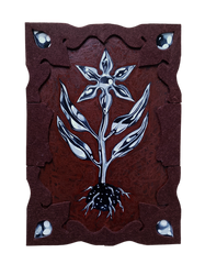 Brown felted frame around painting of a chrome flower