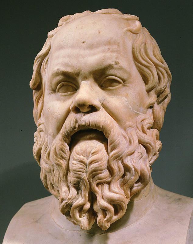 Marble bust of the ancient Greek philosopher Socrates, highlighting his iconic beard and hair in classical sculpture form.