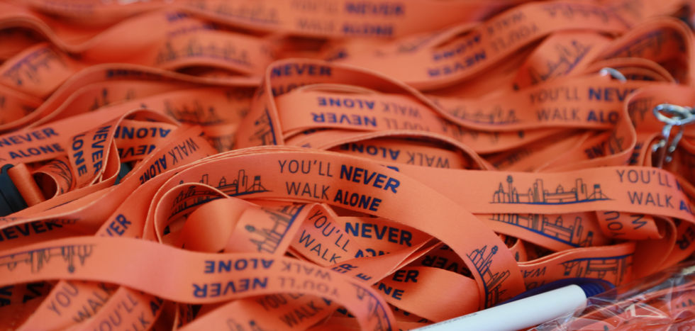 Never Walk Alone lanyards from the 5th International Zero Suicide Summit in Liverpool, England, UK