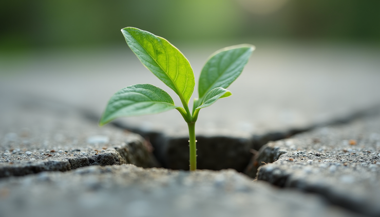 Eye-level view of a single green plant growing through a crack in concrete