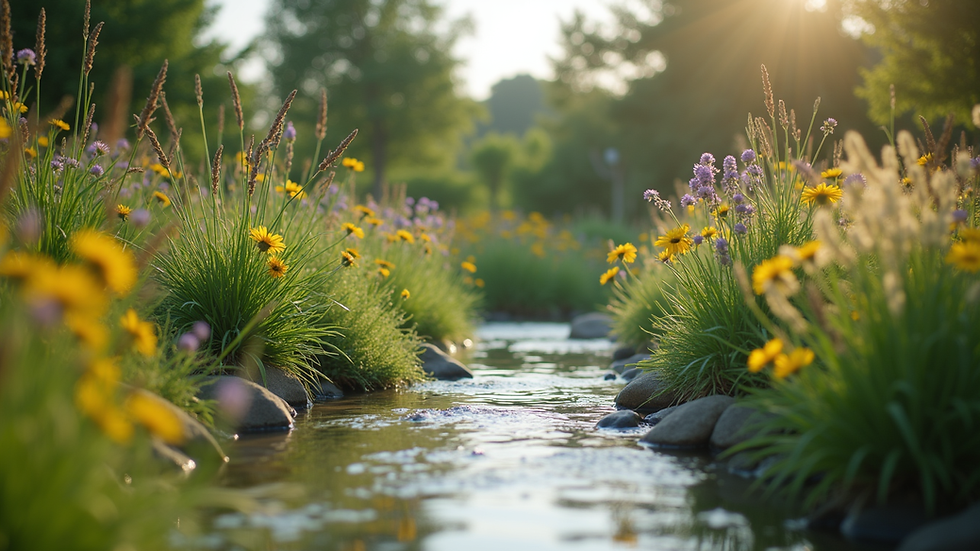 Eye-level view of a water conservation garden with native plants
