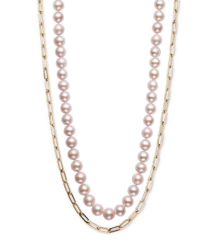 Thumbnail: SMALL PAPER CLIP LINK CHAIN AND PEARL DOUBLE NECKLACE