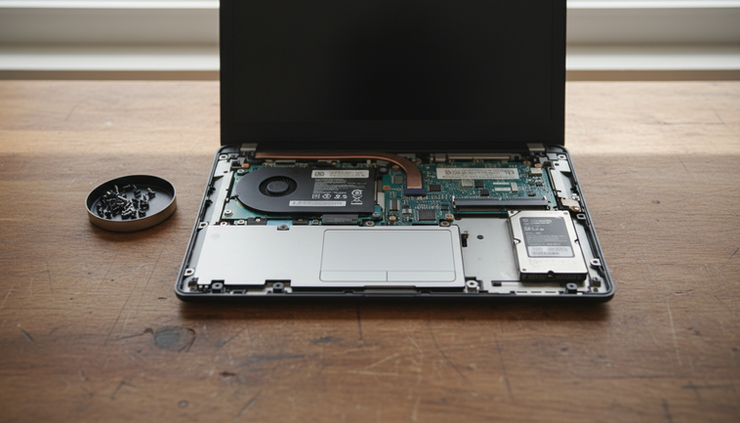 Top-down view of an open laptop with a small SSD beside the drive bay.