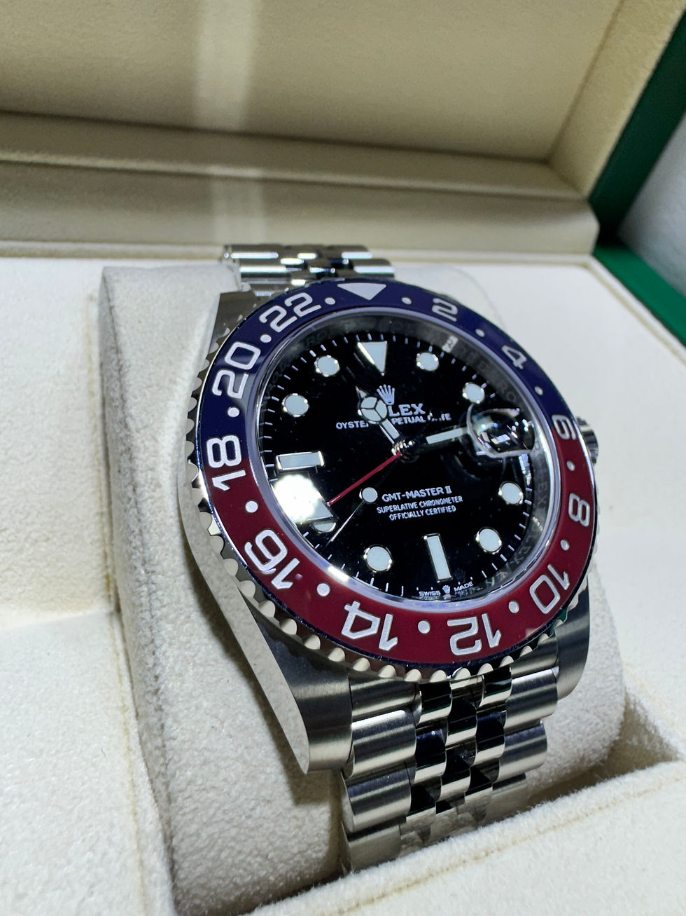 Thumbnail: Rolex GMT Master II Pepsi Blue and Red Bezel Black Dial on Steel Jubilee