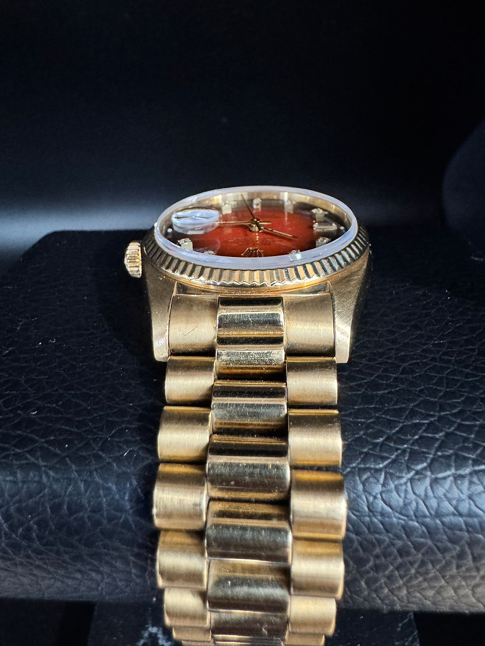 Thumbnail: Day Date Full Yellow Gold Diamond Hour Markers Red Vignette Dial on President