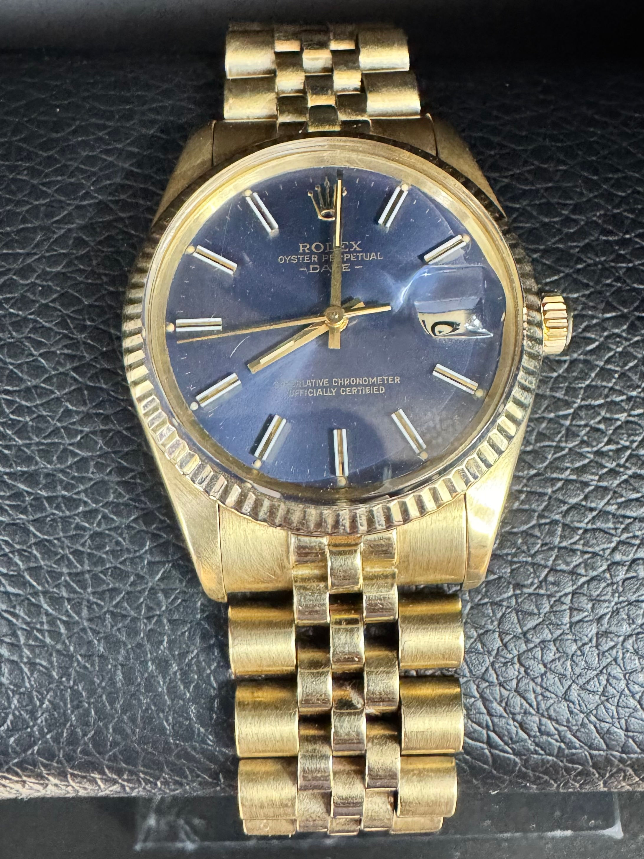 Rolex Yellow Gold Date Just Fluted Bezel Blue Stick Dial on Jubilee