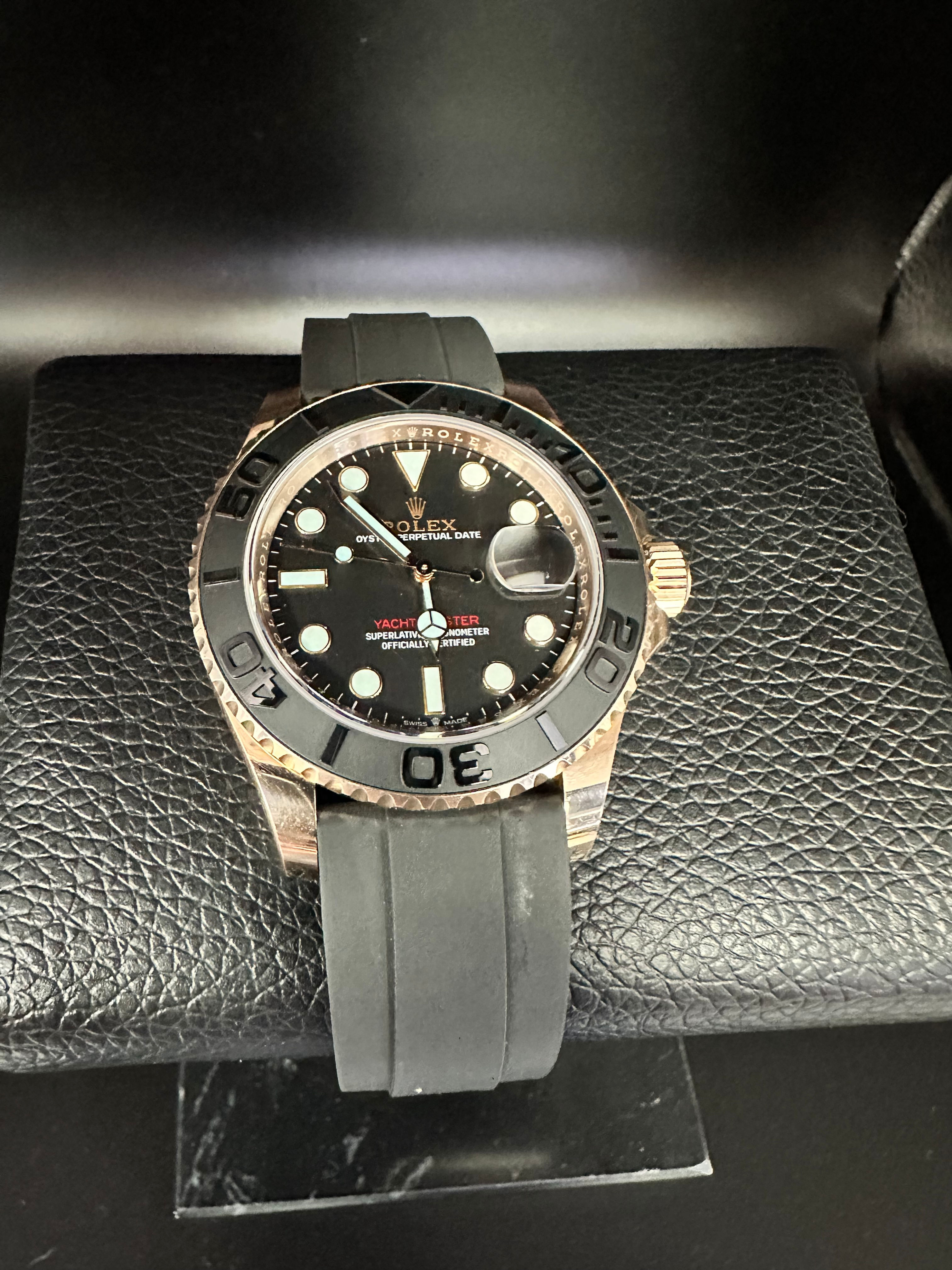 Rolex Yachtmaster Black Dial Black Bezel Everrose Case on Oysterflex
