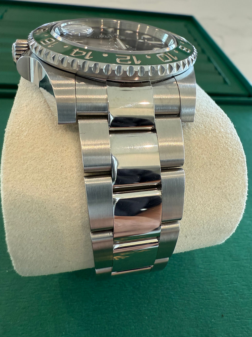 Thumbnail: Rolex Left-handed GMT Master II Sprite Black + Green Bezel Black Dial