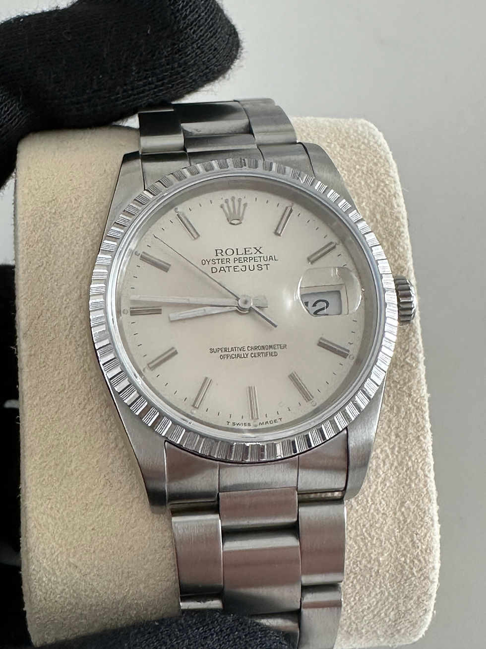 Thumbnail: Rolex Date Just 36mm Silver Dial Engine-Turned bezel on Oyster