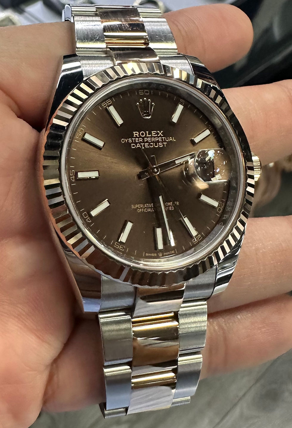 Rolex Date Just Chocolate Dial Fluted Bezel Everose Two Tone Fluted on Oyster