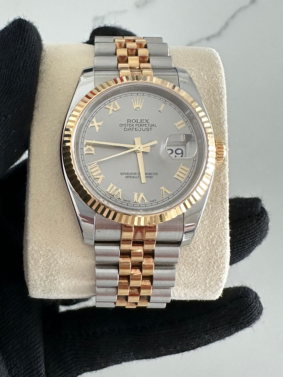 Rolex Date Just 36mm Fluted Dial two-tone yellow gold on Jubilee