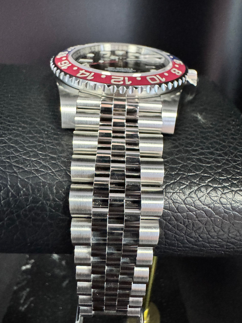 Thumbnail: Rolex GMT Master II Pepsi Blue and Red Bezel Black Dial on Steel Jubilee