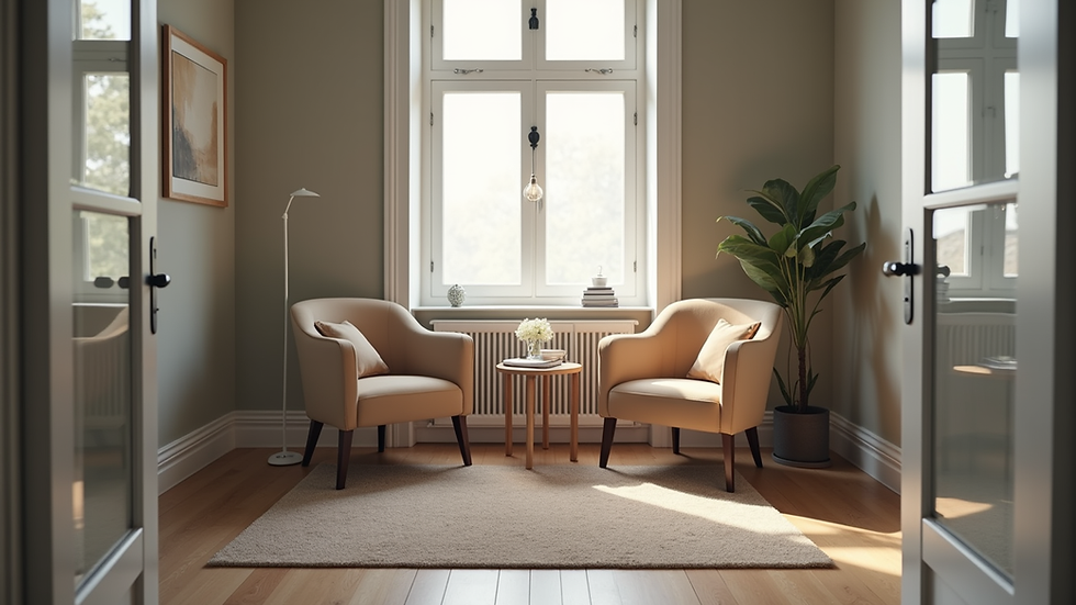Eye-level view of a cozy counselling room with two chairs facing each other