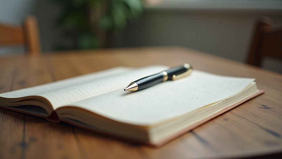Close-up view of a journal and pen on a wooden table, symbolizing self-reflection and healing
