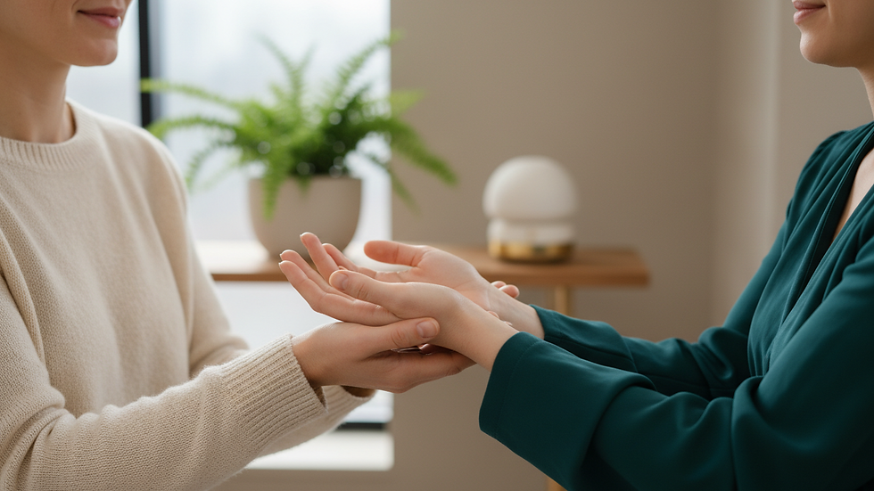 Close-up view of a therapist’s hands gently guiding a client through a somatic exercise