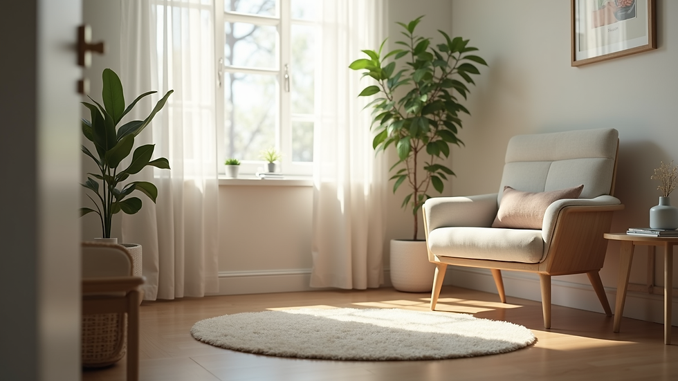 Close-up view of a therapist’s office with a comfortable chair and calming decor
