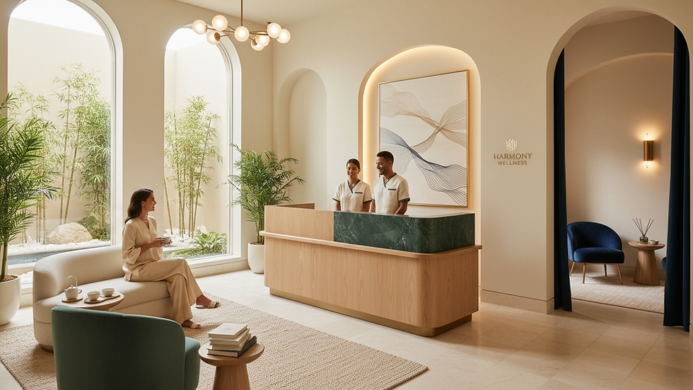 Wide angle view of a modern wellness centre reception area with natural light