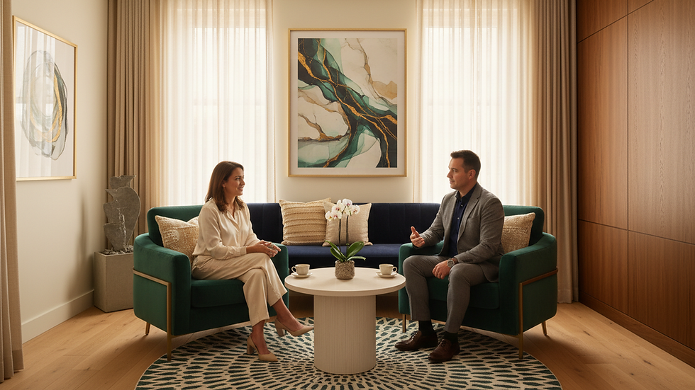 Eye-level view of a calm therapy room with soft lighting and comfortable seating