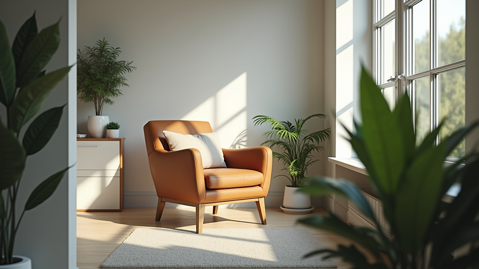 Close-up view of a psychologist’s office with a comfortable chair and plants