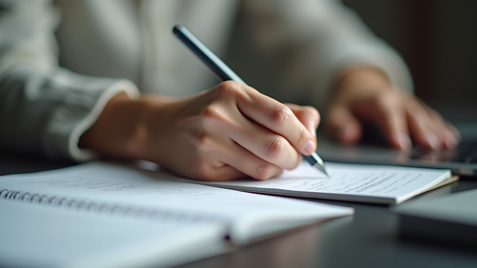 Close-up view of a person taking notes during an online therapy session