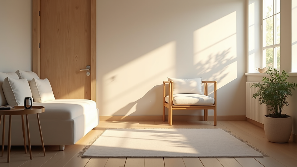 Eye-level view of a peaceful therapy room with soft lighting and comfortable seating