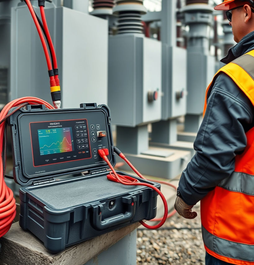 Ultra-realistic photograph of a single high-voltage insulation resistance tester being use