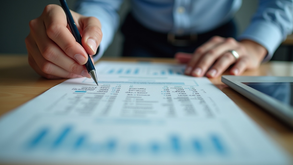 Eye-level view of a business owner reviewing financial documents at a desk